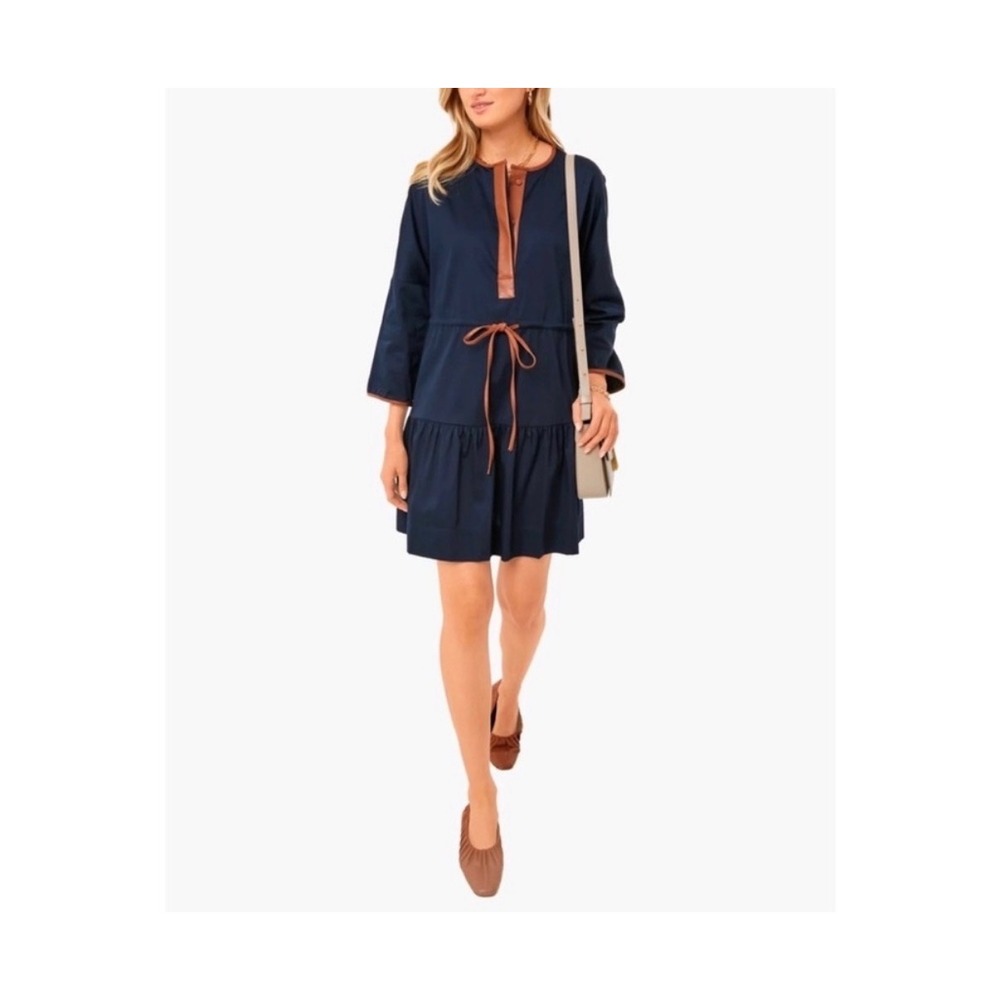 Tuckernuck Lucy Mini Dress Women Small Navy Faux Leather Trim Tiered Drawstring